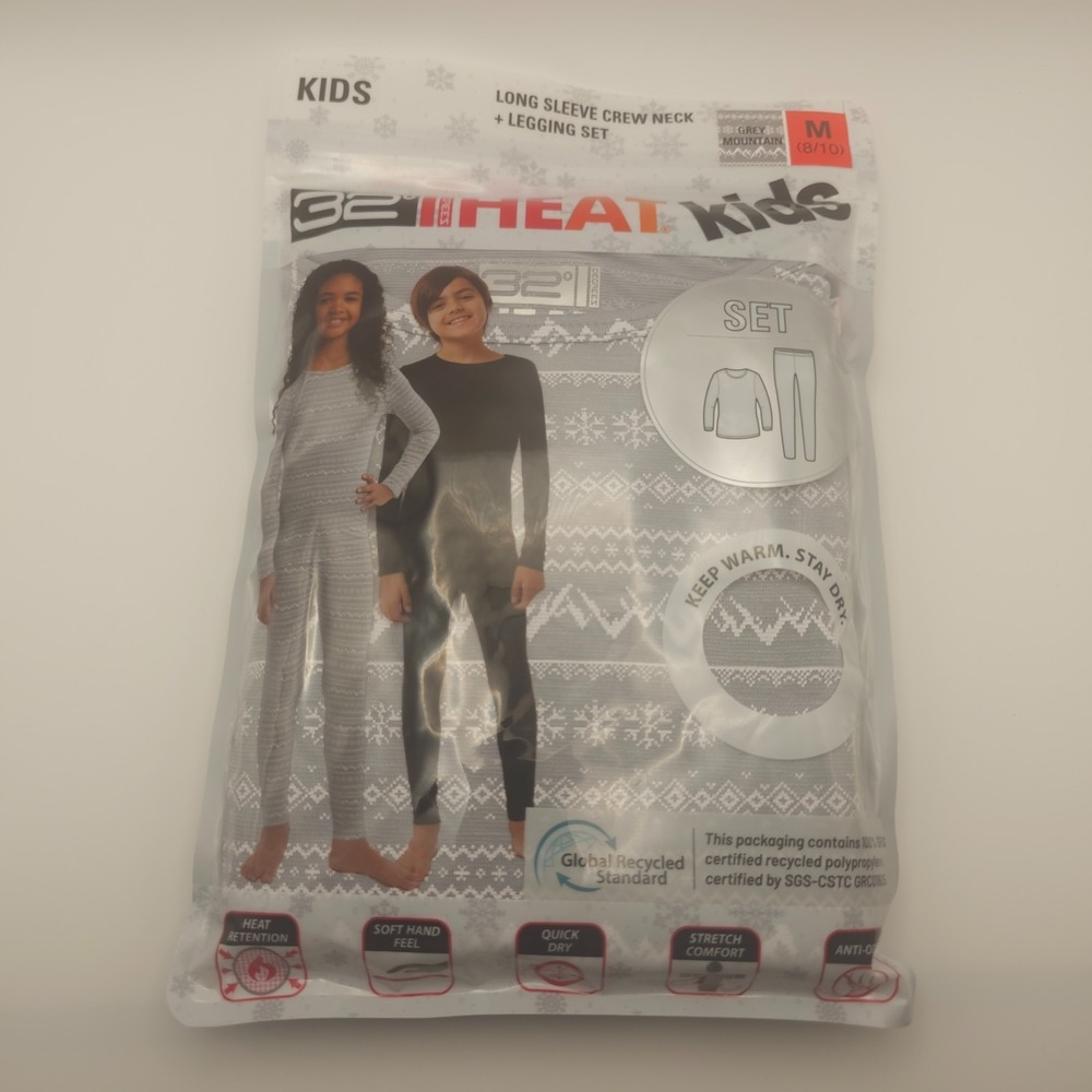 32 Degrees Heat Kids Baselayer Long Sleeve Crew Neck & Legging Set, Grey Medium